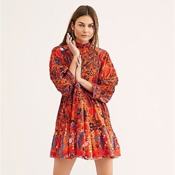 Free People Nouveau Floral Print High Neck Mini Dress Orange Red XS (No Slip) - Picture 2 of 13